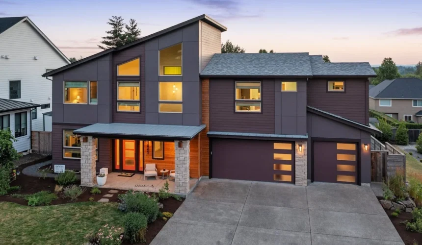 Modern house with landscaped yard