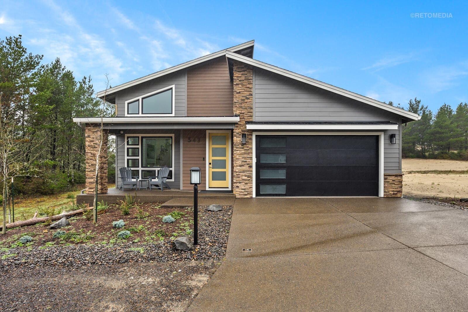 Modern house with stone accents.