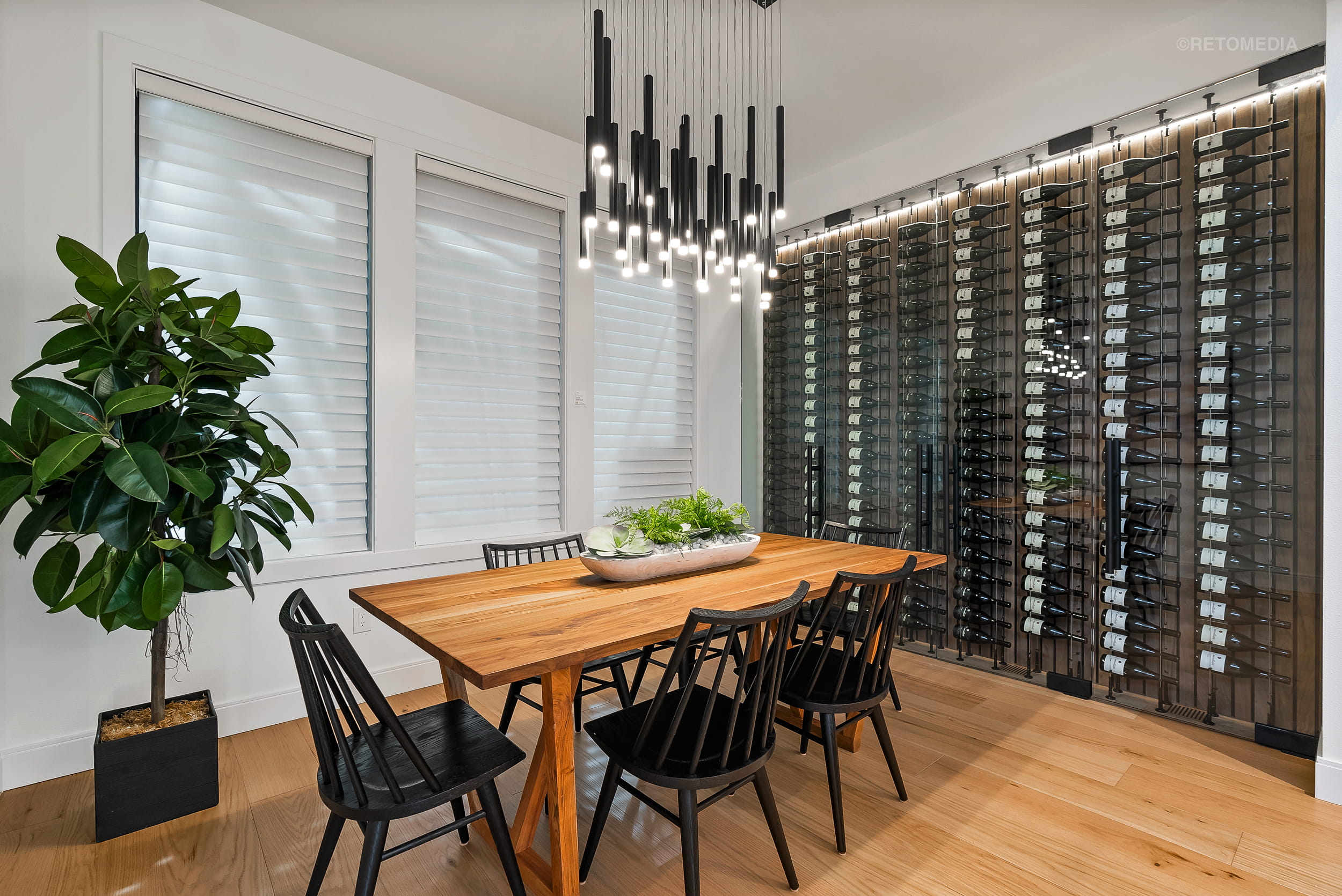 Modern dining room with a wooden table, black chairs, a large indoor plant, and a floor-to-ceiling wine wall.