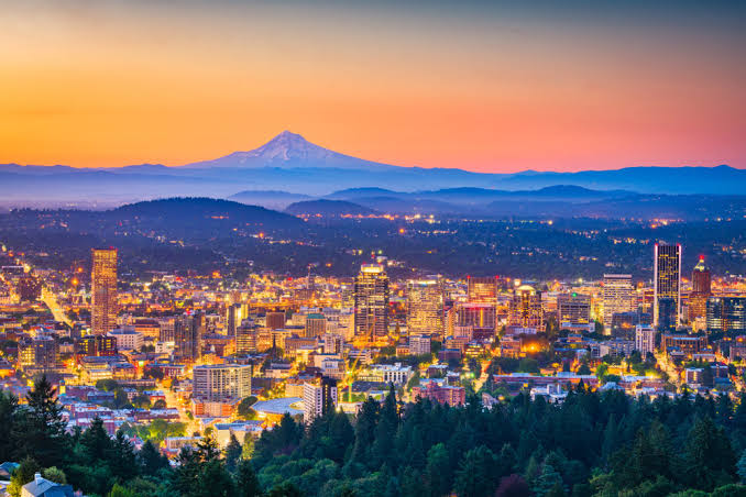 City skyline at dusk with glowing lights, foreground forests, and a snow-capped mountain under an orange and pink sky.