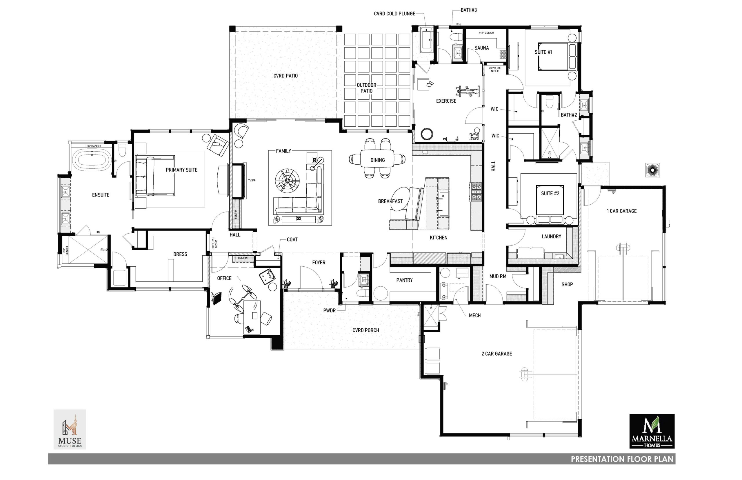 Presentation floor plan of the Aria showing the wellness wing with cold plunge, sauna and exercise room, the open family, dining and kitchen core with a breakfast banquette, the primary suite and ensuite, two further suites, an office, shop, mud room and a three car garage